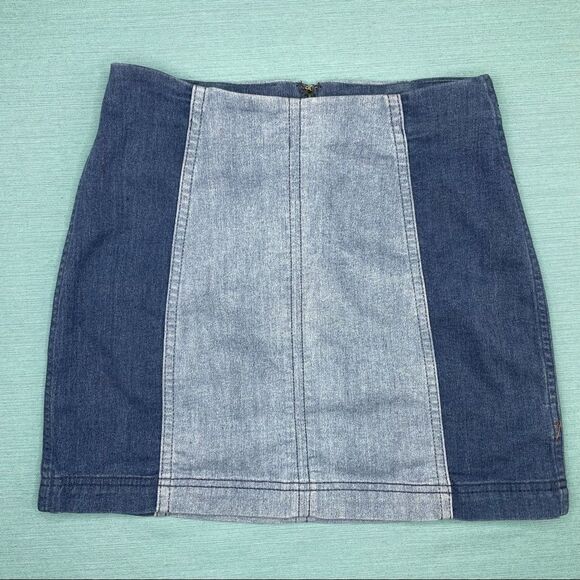 FREE PEOPLE Modern Femme Skirt Colorblock Mini Denim Jean Two Tone Block Size 4 - Picture 5 of 11